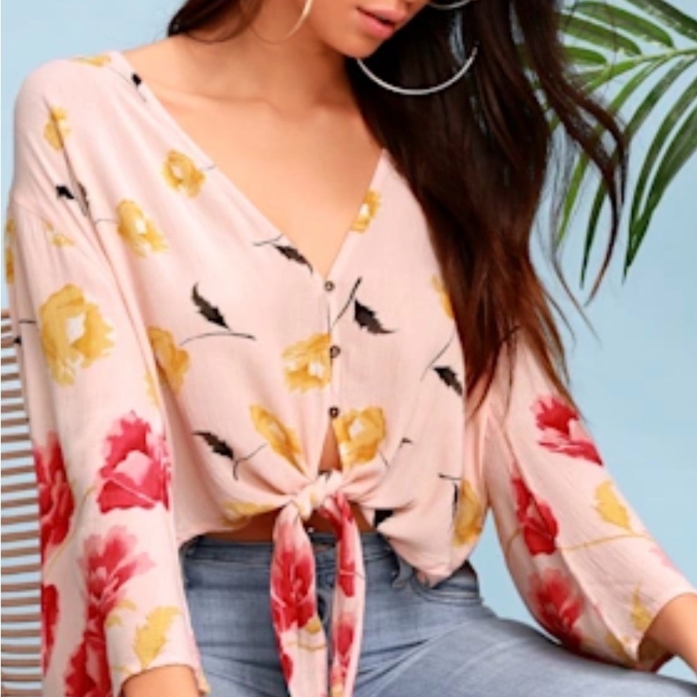 Billabong Floral Tie-Front Blouse - Peach and Red size small